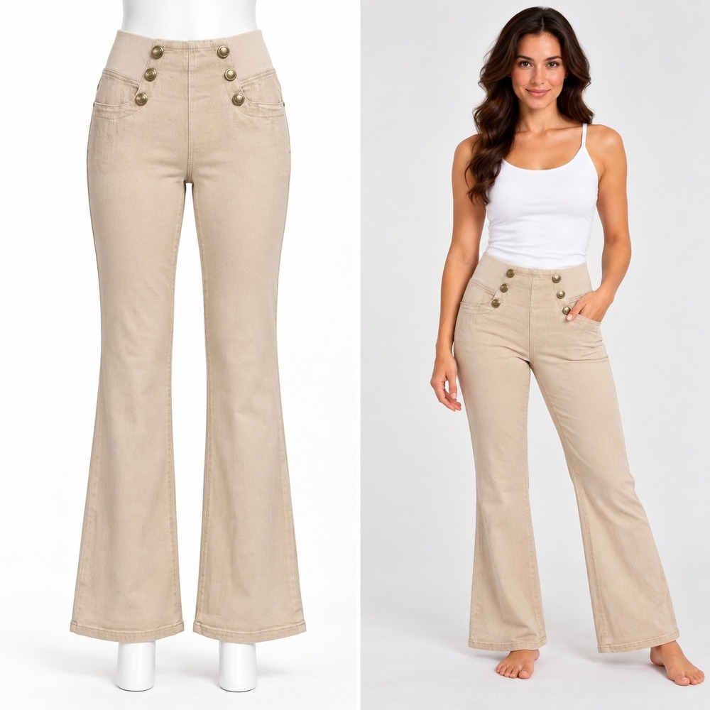 DG2 Diane Gilman Flare Jeans Womens S Tan Nautical Gold Button Retro Boho Bell